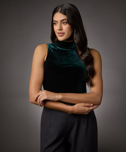 High Neck Sleeveless Velvet Top-Dark Green